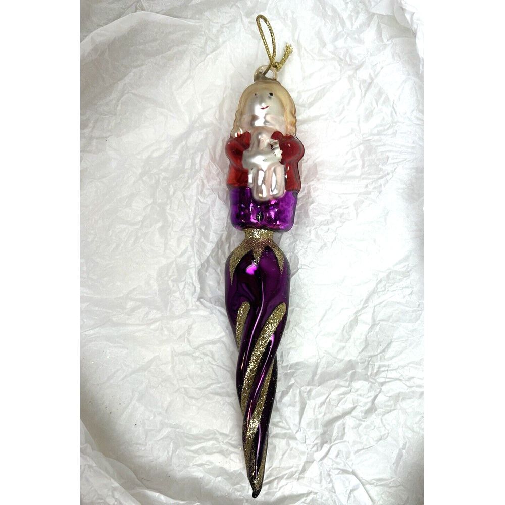 GLASS LADY ICICLE ORNAMENT Vtg Purple Red Woman Gold glitter Ornament‎ 8"